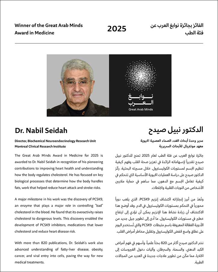 Sheikh Mohammed bin Rashid congratulates Dr Nabil Seidah on Great Arab Minds 2025 Award in Medicine