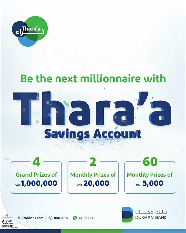 Four Grand Prizes of QAR 1 Million from Dukhan Bank's Thara'a Savings Account