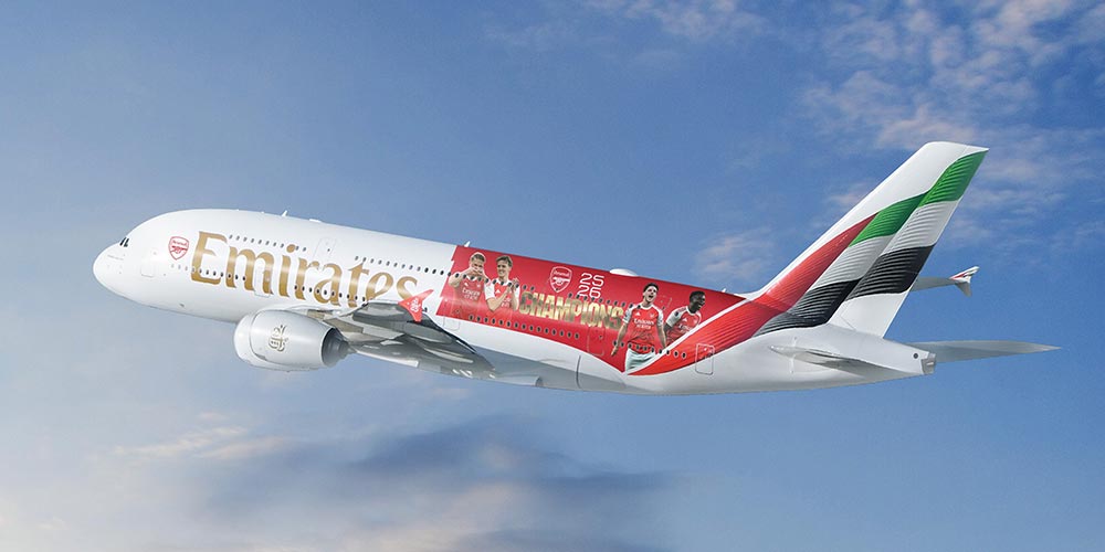 The Emirates A380 dons its Gunners kit